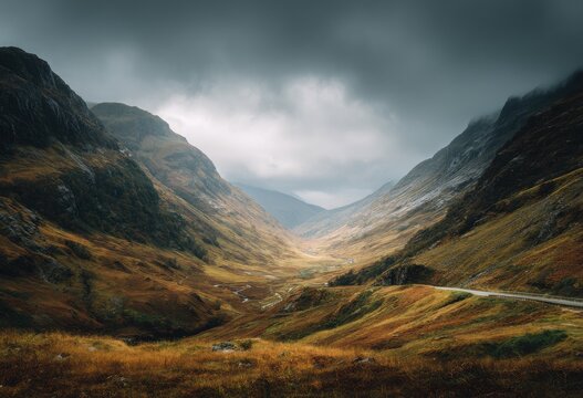Moody mountain valley scene with winding road mountains landscape scotland highlands wilderness dramatic outdoors environment atmosphere overcast exploration adventure topography
