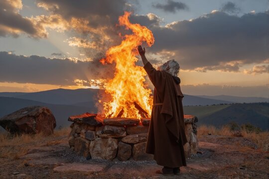Elijah Calling Down Fire from Heaven on Mount Carmel at Sunset, Generative AI