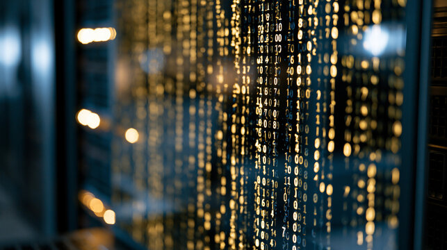 Cascading streams of binary digits scrolling vertically across terminal display in darkened server room environment, faint reflected glow illuminating nearby rack equipment edges, cybersecurity data