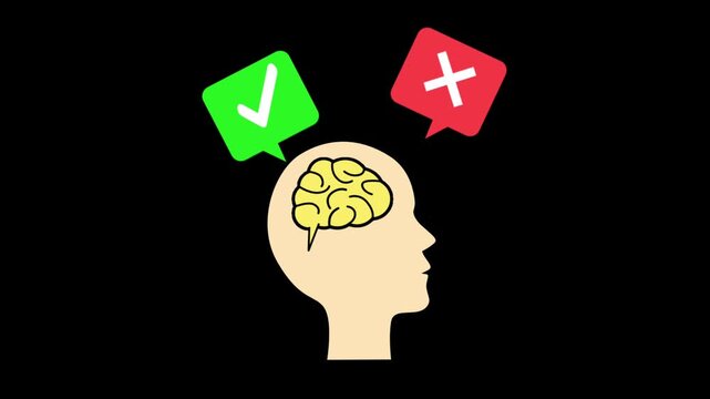 Animation of a human head profile with a brain, featuring a green checkmark and a red crossmark to symbolize decision making on a black background.
