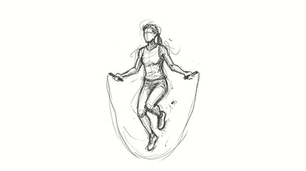 Obraz premium Healthy lifestyle at home handdrawn sketch featuring a woman jumping rope. Sketch BW handrawn ikon style of a female figure exercising with a skipping rope for fitness and cardio.