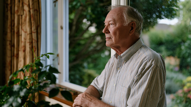 Older widower standing alone in an emptied bedroom of his longtime home during downsizing, hands resting on the windowsill overlooking the backyard garden he planted decades ago, dust motes drifting
