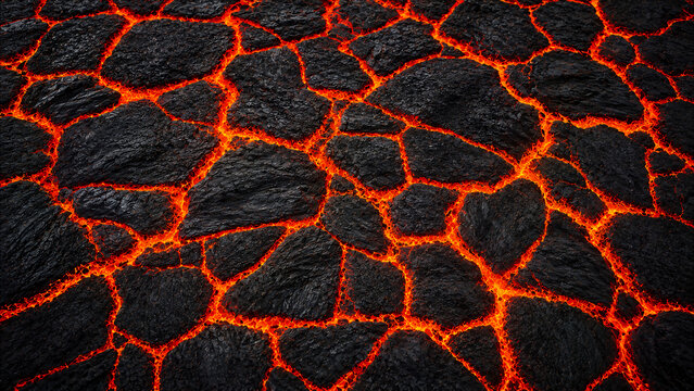A close-up view of volcanic rock, displaying a textured surface with glowing lava cracks, highlighting the intense heat and geological activity.