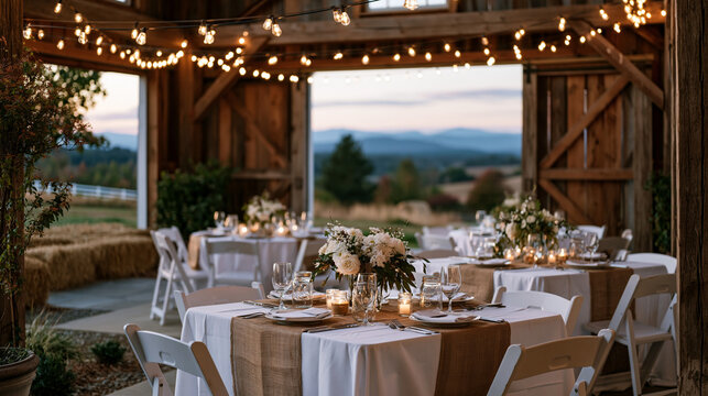 String lights and reclaimed wood beams frame a barn reception hall with burlap table runners, mason jar centerpieces, and a hay bale seating area visible through open barn doors against a dusk harve