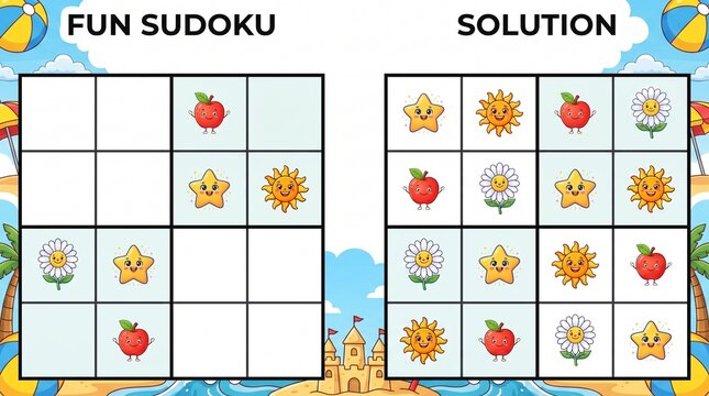 Fun Sudoku puzzle for kids with colorful symbols and solution  