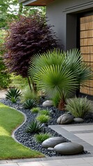 Obraz premium Modern xeriscape garden design with ornamental grasses, palm, agaves, and decorative rocks