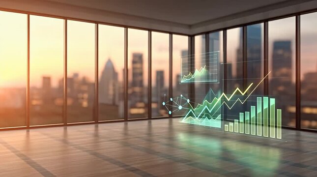 Futuristic Holographic Data Visualization in Modern Office Environment