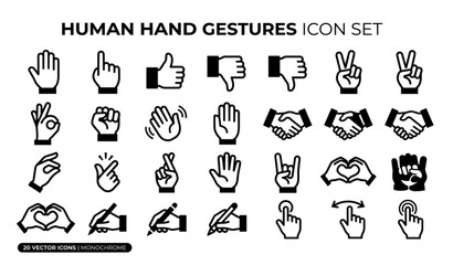 Fototapeta premium Black and white hand gesture icon set with human palm finger signs and touch symbols vector illustration isolated on white background