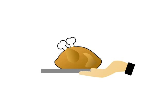 Flat animation of a human hand holding a tray with a whole roast chicken covered by a metallic cloche dome.
