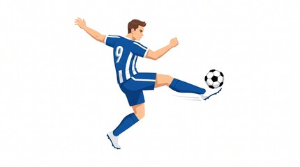 Fototapeta premium Soccer player kicking ball in mid air vector illustration with number 9 blue jersey isolated on white background