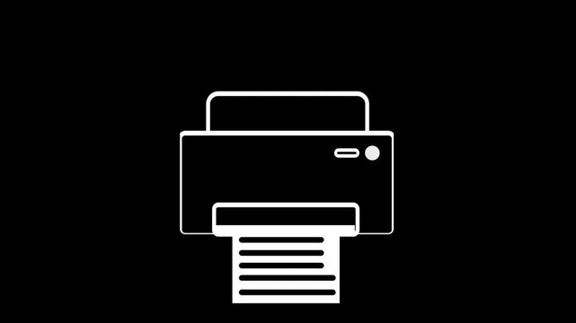 White line icon animation of an office printer processing a sheet of paper on a black background.