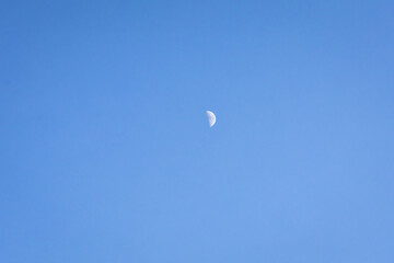 Half moon hangs in a vast blue sky offering a minimal celestial scene. The pale cratered crescent invites quiet reflection and presents ample negative space for concepts of night time wonder. © Chornogirskyi