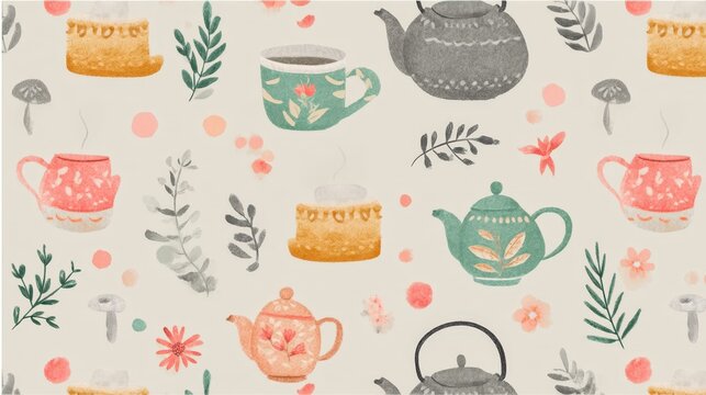 Cute Tea Party Wallpaper Watercolor Tea Cups Teapots and Botanical Elements in Soft Pastel Colors for Cozy Breakfast or Tea Time Setting a magical fairy tea party minimalist cute tea party wallpaper