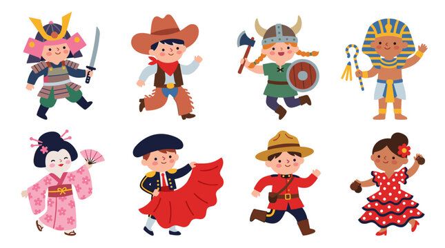 Children in various cultural costumes running, including samurai, cowboy, viking, pharaoh, geisha, matador, mountie, and flamenco dancer, simple flat