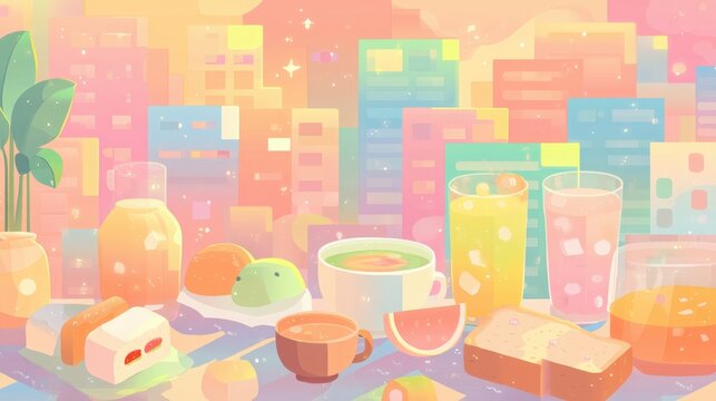 Cute Tea Party Wallpaper Colorful Abstract Cityscape with Fruits and Beverages in a Modern Illustration a magical fairy tea party minimalist cute tea party wallpaper