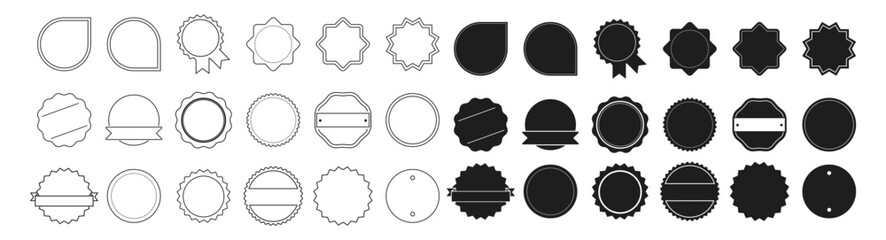 Set of blank badge and label outlines and silhouettes. Round and starburst shapes with ribbons. © Alla