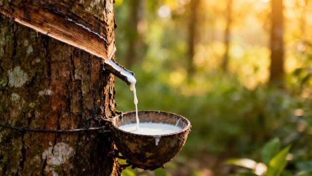 Fresh natural rubber latex dripping from a tapped tropical tree trunk into a coconut collection bowl during golden hour.