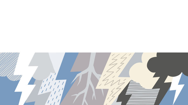 stylized storm and lightning pattern, abstract weather elements, thunderclouds and rain symbols, cool toned background