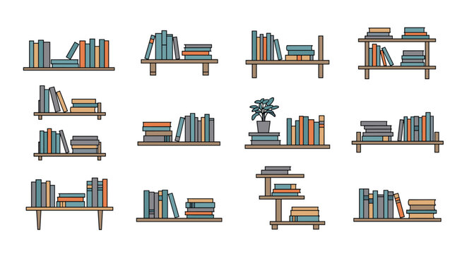 Complete collection of different bookshelves and bookcases filled with colorful books and various decorative items for home library design.