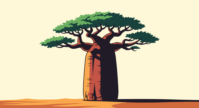 Majestic and iconic African baobab tree standing tall in a dry savanna landscape under a clear light yellow sky at dawn or dusk.