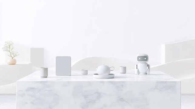 Cute Tea Party Wallpaper Minimalist white scene with a robot, tea set, tablet, cups, and potted plant on a white marble surface a magical fairy tea party minimalist cute tea party wallpaper