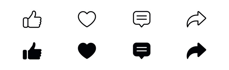 Like Love Comment Share Icon Set. Social Media Reactions, User Engagement, Communication and Sharing Symbols. Vector Illustration.