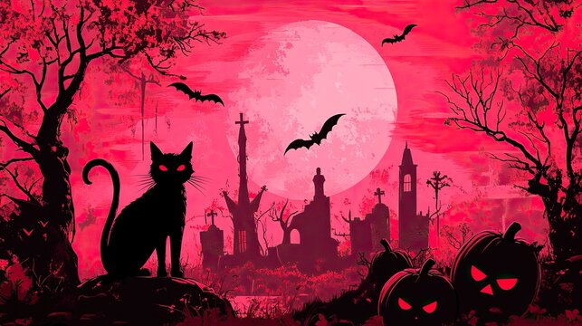 Halloween night with black cat and bats


