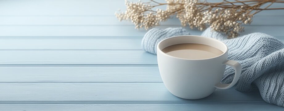 White ceramic cup filled with coffee on a light blue wooden surface, cozy knitted scarf and dried flowers in soft natural light minimalist cute tea party wallpaper
