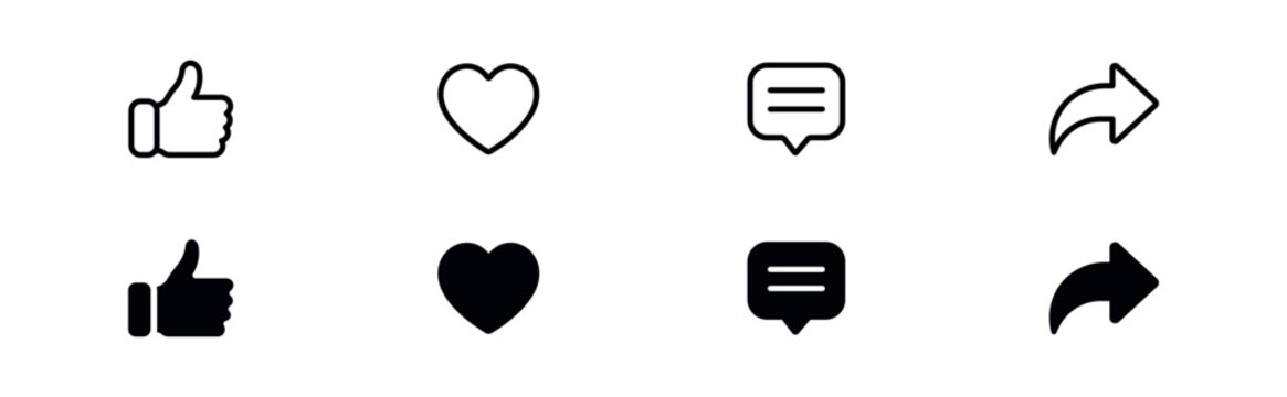 Like Love Comment Share Icon Set. Social Media Reactions, User Engagement, Communication and Sharing Symbols. Vector Illustration.