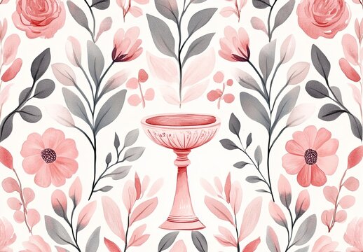 Pink floral pattern with chalice and leaves

