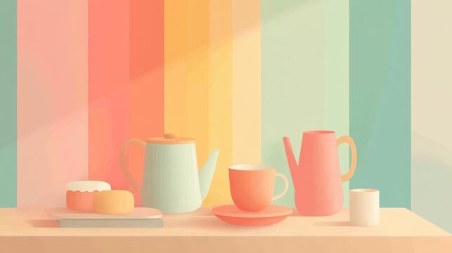 Cute Tea Party Wallpaper Colorful Ceramic Teapot, Mug, Pitcher, and Plates Set on Pastel Background with Warm Light a magical fairy tea party minimalist cute tea party wallpaper