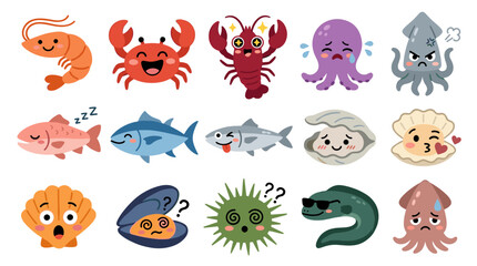 Fototapeta premium Collection of kawaii marine life with expressive faces, including shrimp, crab, lobster, octopus, squid, fish, oyster, scallop, sea urchin