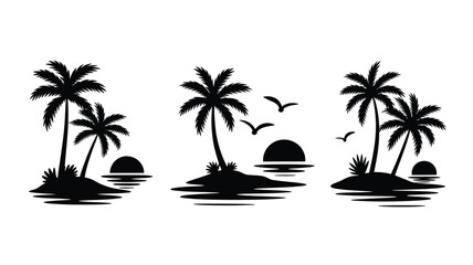 Set of tropical island silhouettes with palm trees sunset and flying birds isolated on a white background vector illustration © ALBART