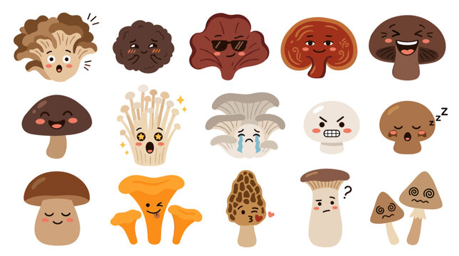 Collection of cute mushrooms with expressive faces, diverse species, and playful emotions, isolated on a white background