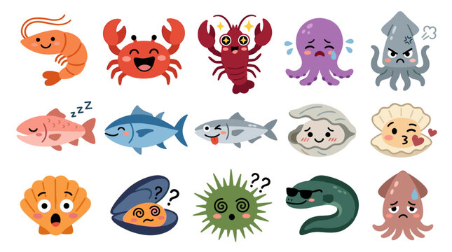 Collection of kawaii marine life with expressive faces, including shrimp, crab, lobster, octopus, squid, fish, oyster, scallop, sea urchin