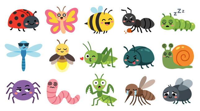Set of cute insects and bugs, friendly characters, ladybug, butterfly, bee, ant, caterpillar, dragonfly, firefly, grasshopper, beetle
