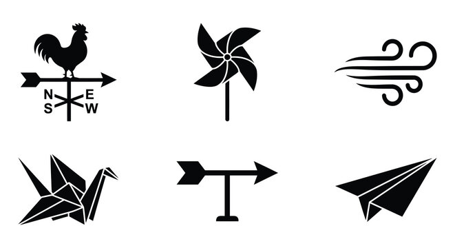 Weather Vane Flower And Paper Airplane Black Vector Icons On White Background