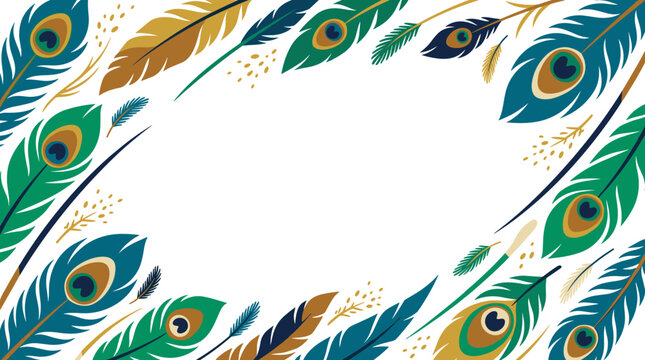 Elegant peacock feather border design with rich green, blue, and gold colors, creating a decorative frame, perfect for invitations or elegant
