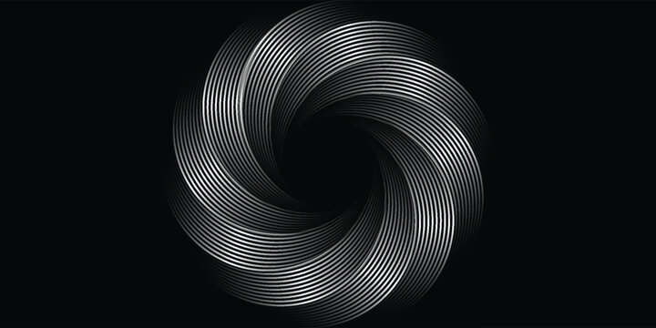 Abstract black background with a glowing silver spiral vortex of swirling geometric lines. Modern futuristic monochrome backdrop design for panoramic banners and digital headers.
