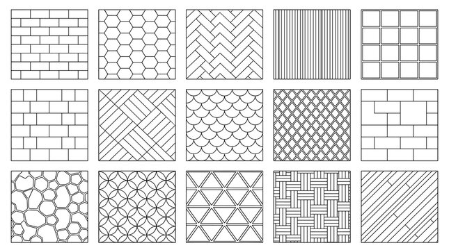 Set of landscape architecture CAD hatch patterns and textures, representing various fill styles for construction drawings and architectural plans