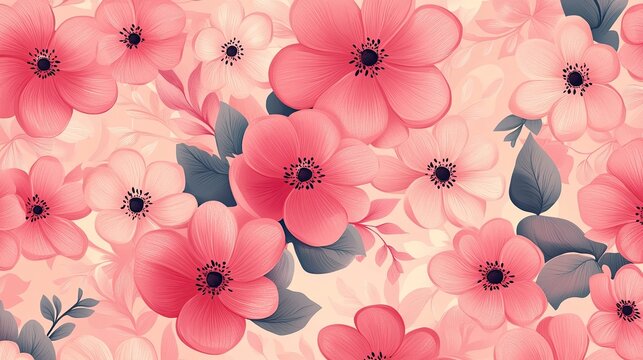 Delicate pink flowers blooming in lush floral pattern