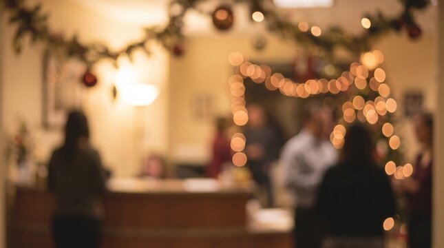 Blurred office holiday party with festive Christmas decorations and bokeh lights in the background