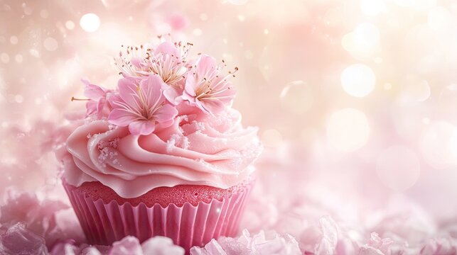 Pink cupcake topped with cherry blossoms and sparkles