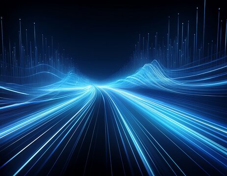 high speed blue line abstract technology background digital fiber hi tech concept speed light line blurred on dark background data fast transfer simulation