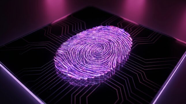 Digital Fingerprint Scan on Circuit Board Represents Secure Biometric Identification and Data Protection