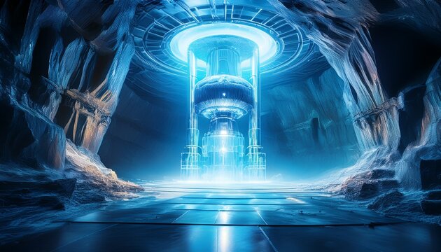 futuristic nuclear fusion reactor glowing with electric blue plasma inside an ancient ice cave