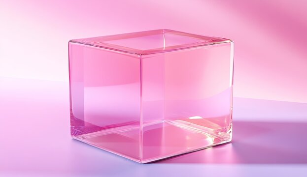 Transparent pink glass cube on pink surface
