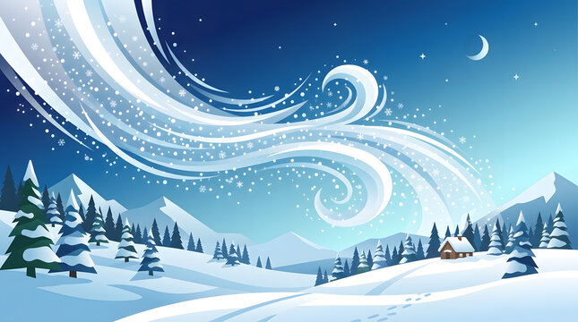 Blustery winter wonderland landscape illustration featuring swirling snow and wind across majestic mountains, frosted forests, and a cozy cabin under a serene night sky