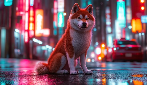 Shiba inu dog standing on neon lit wet street