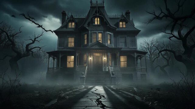 Eerie Haunted Mansion Amid Fog and Twisted Trees with Glowing Windows Creates Dark and Spooky Atmosphere
